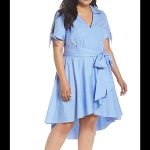 Eliza J Light Blue Striped Cotton Faux Wrap Asymmetrical High Low Dress